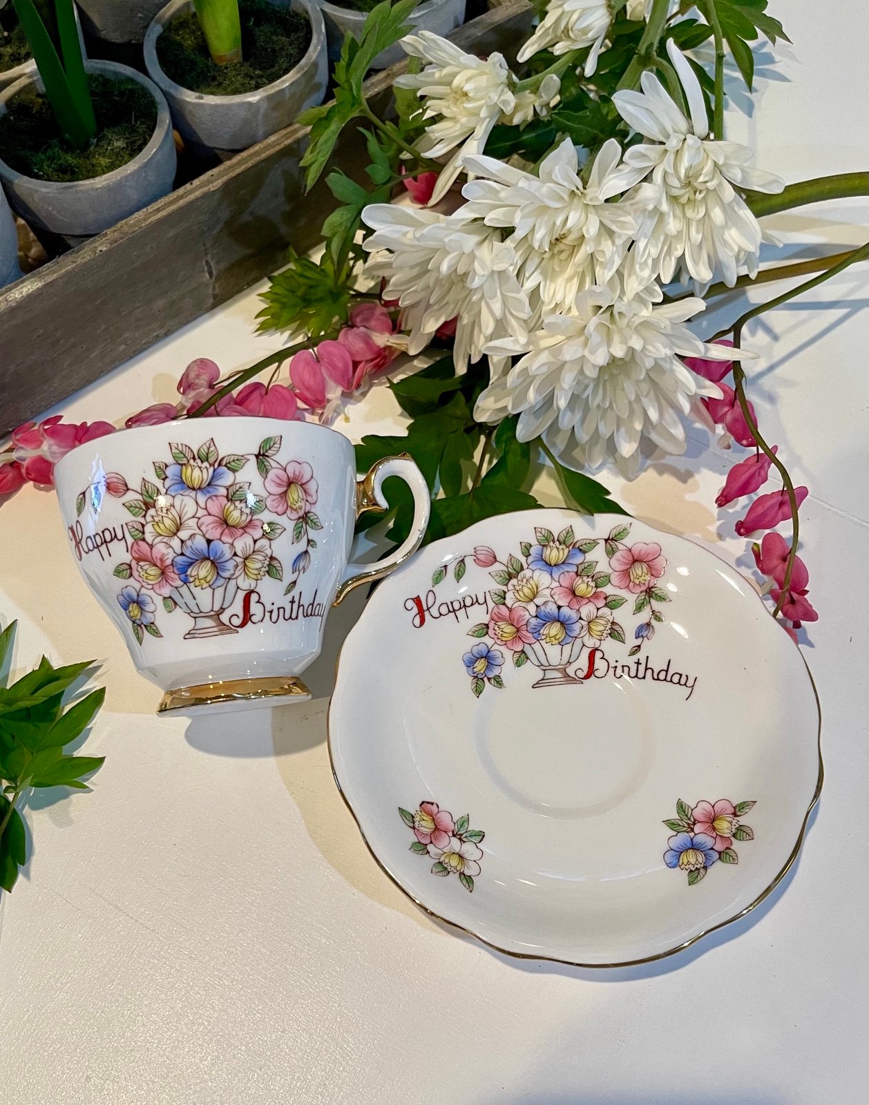 Royal Arddalt Bone China English Happy Birthday Tea Cup & Saucer Pink Blue White