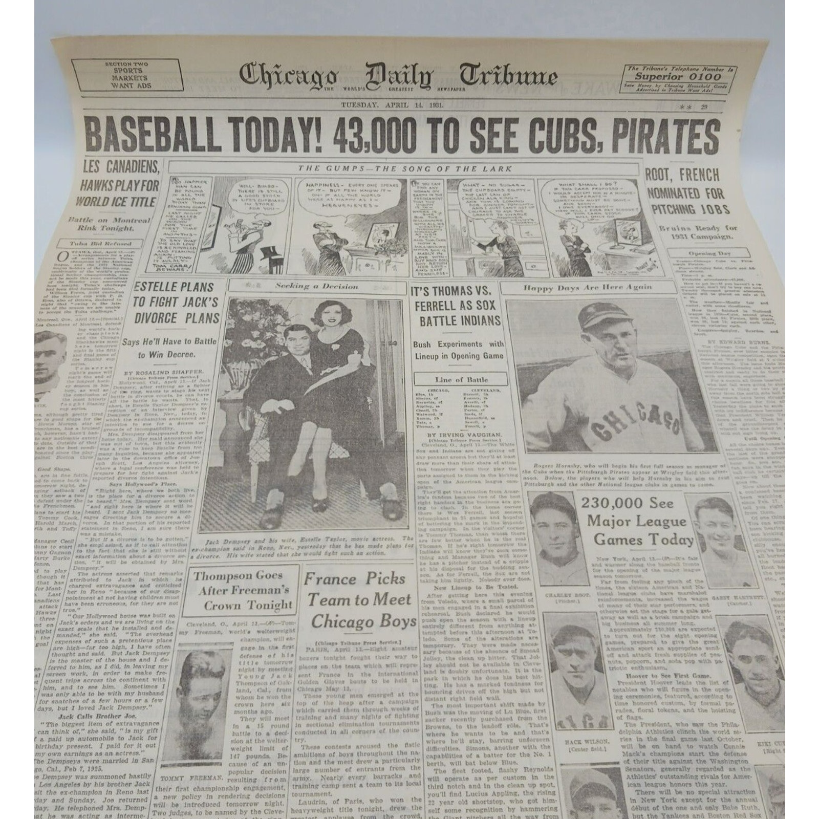 1931 Chicago Tribune Jack Dempsey & Wife Rogers Hornsby Baseball Cubs Pirates
