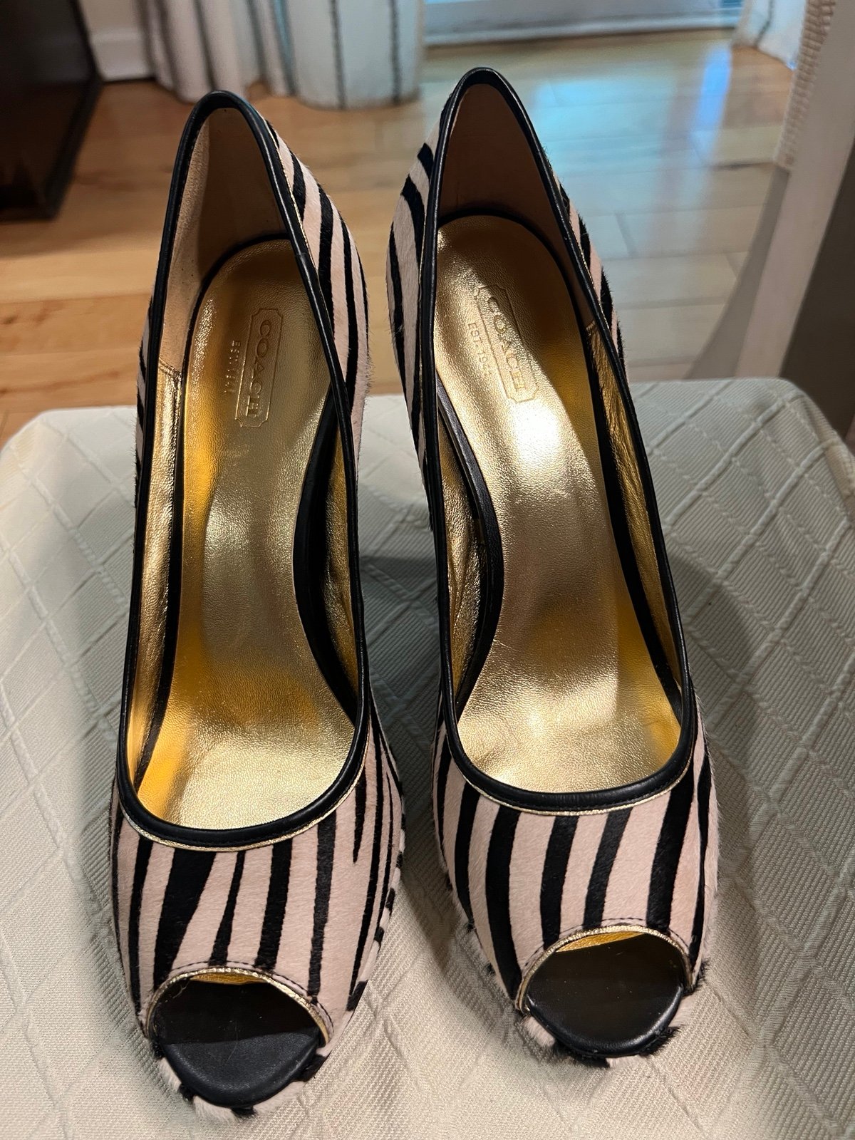 Coach Ashley platforms peep toe heels calf hair