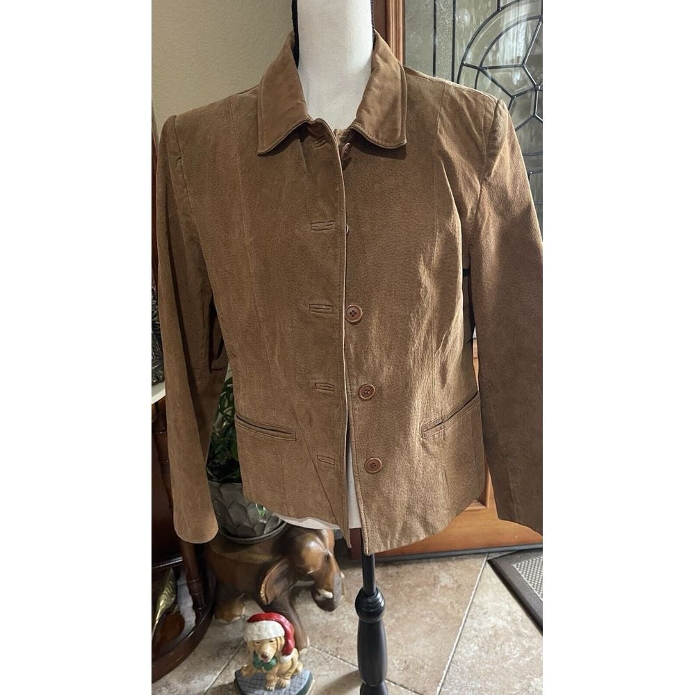 Kathy Ireland Tan Jacket Size M button down pockets suede Leather brown