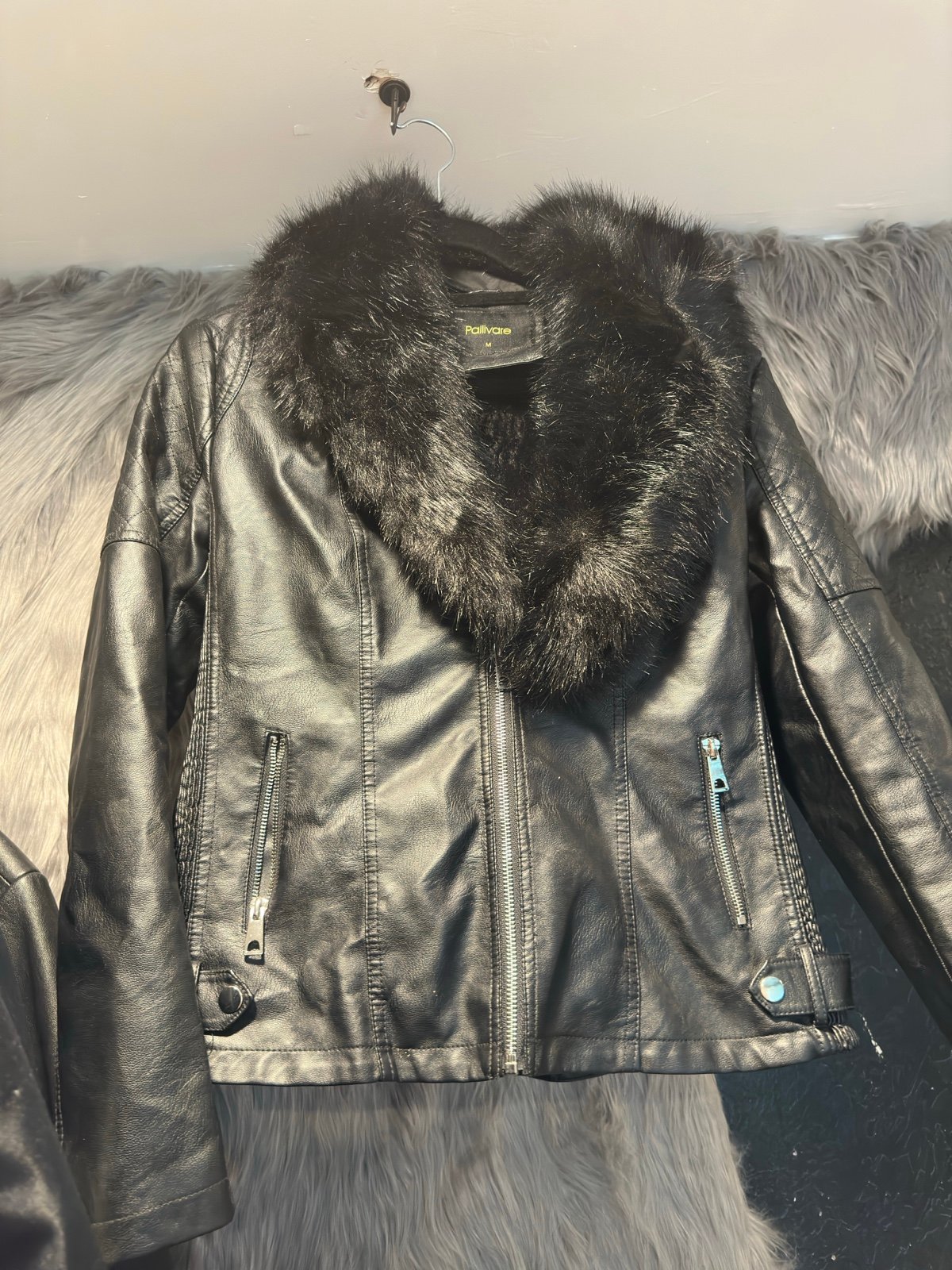 Vegan leather and vegan fur collar motorcycle jacket