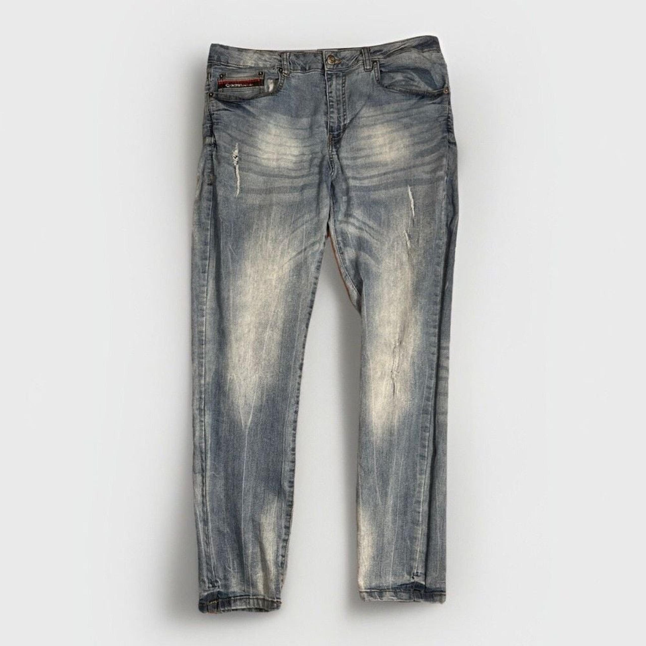 Akademiks Jeanius Jeans Men's 34x30 Blue Denim Distressed Medium Wash Straight