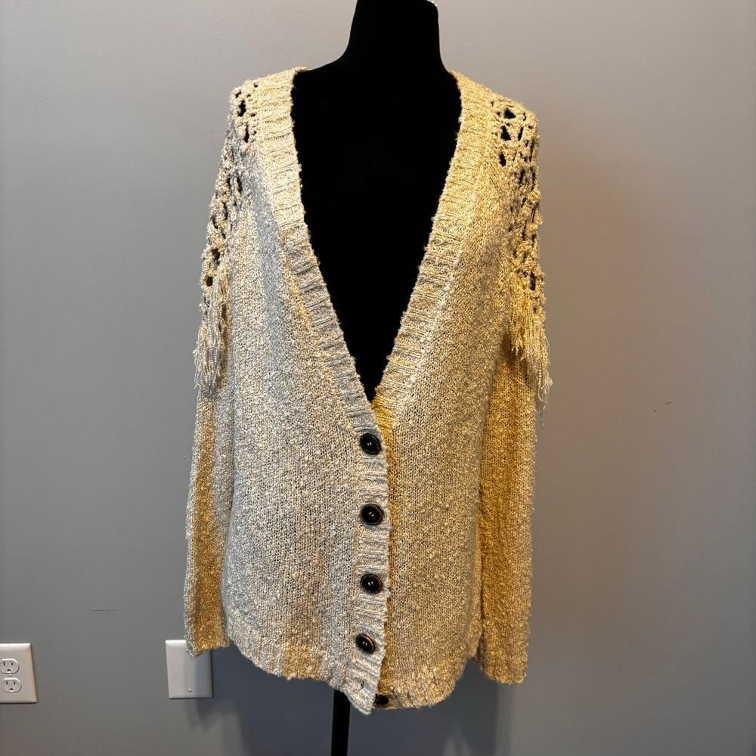 Buckle Metallic cream Crochet Sleeve Button Front Cardigan Sweater XL NWT