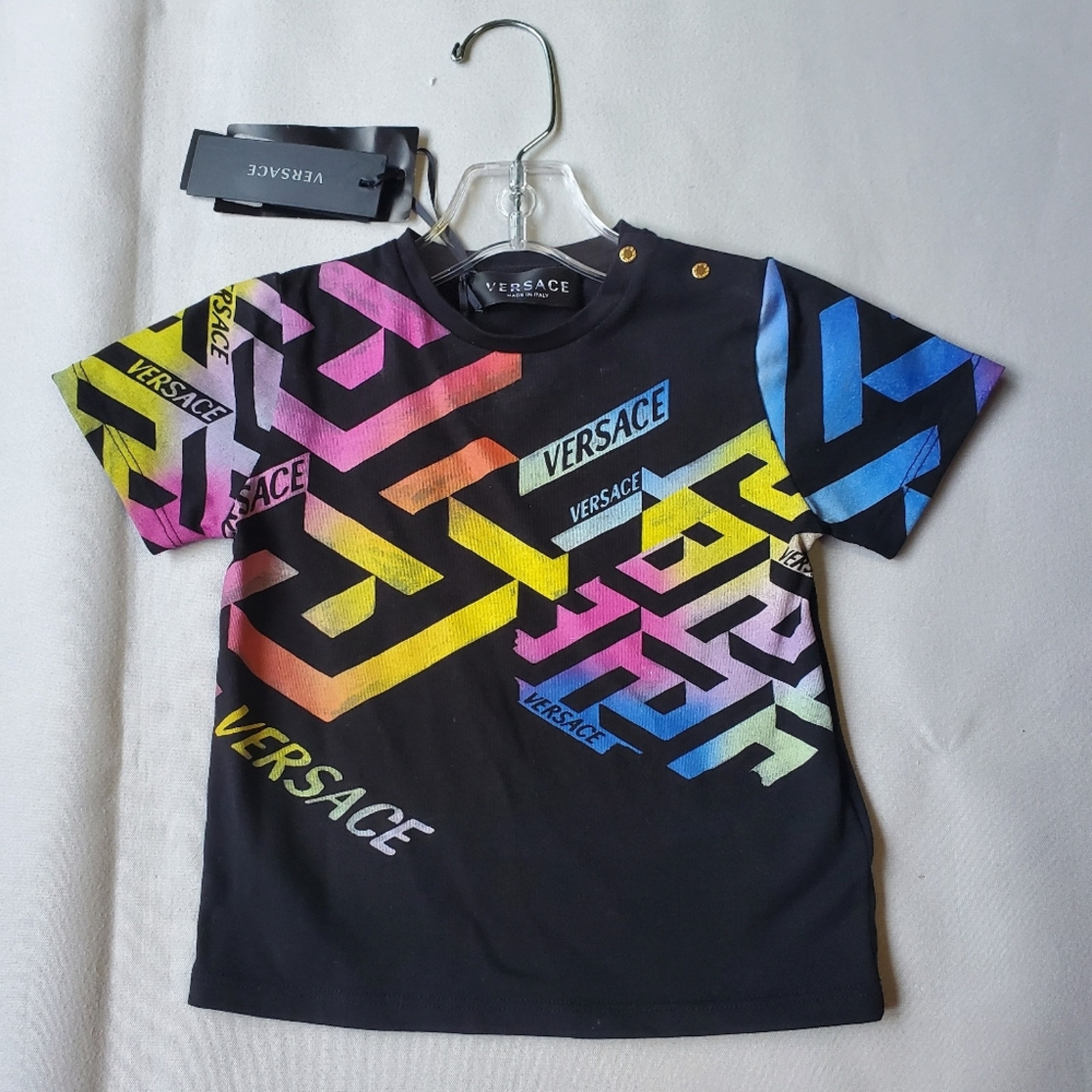 NWT230 VERSACE Kids Black La Greca Logo 100% Cotton Tshirt Top Sz 18-24 Months