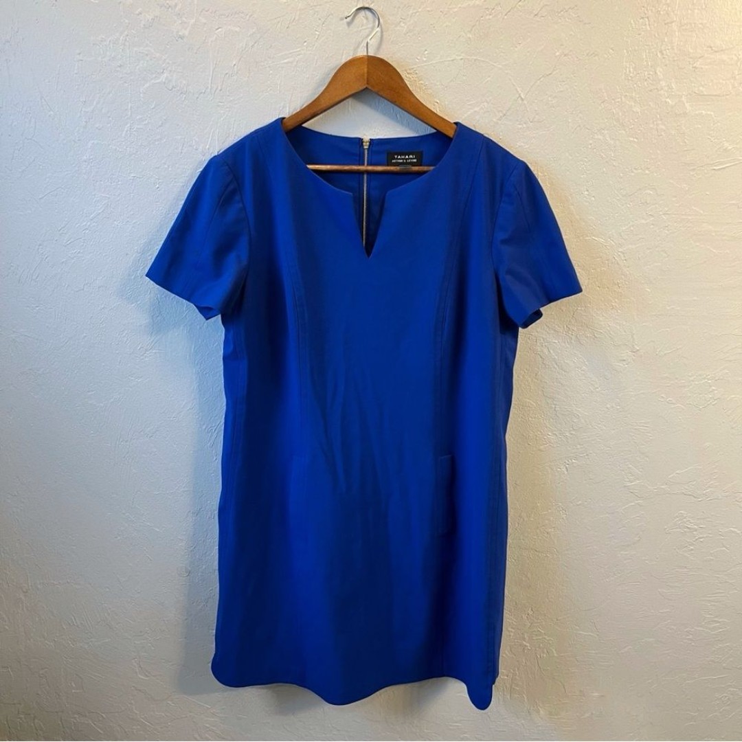 Tahari Blue Shift Shirt Short Sleeve Midi Dress Size 14 Career Work Office