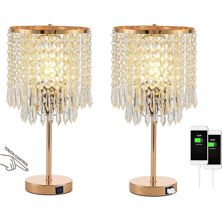 Set of 2 Touch Crystal Lamps with 2 USB Charging Ports 3-Way Dimmable