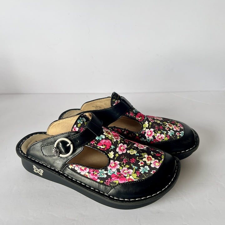 ALEGRÍA Black Floral Clogs Slides Open Back Wedge Size 40