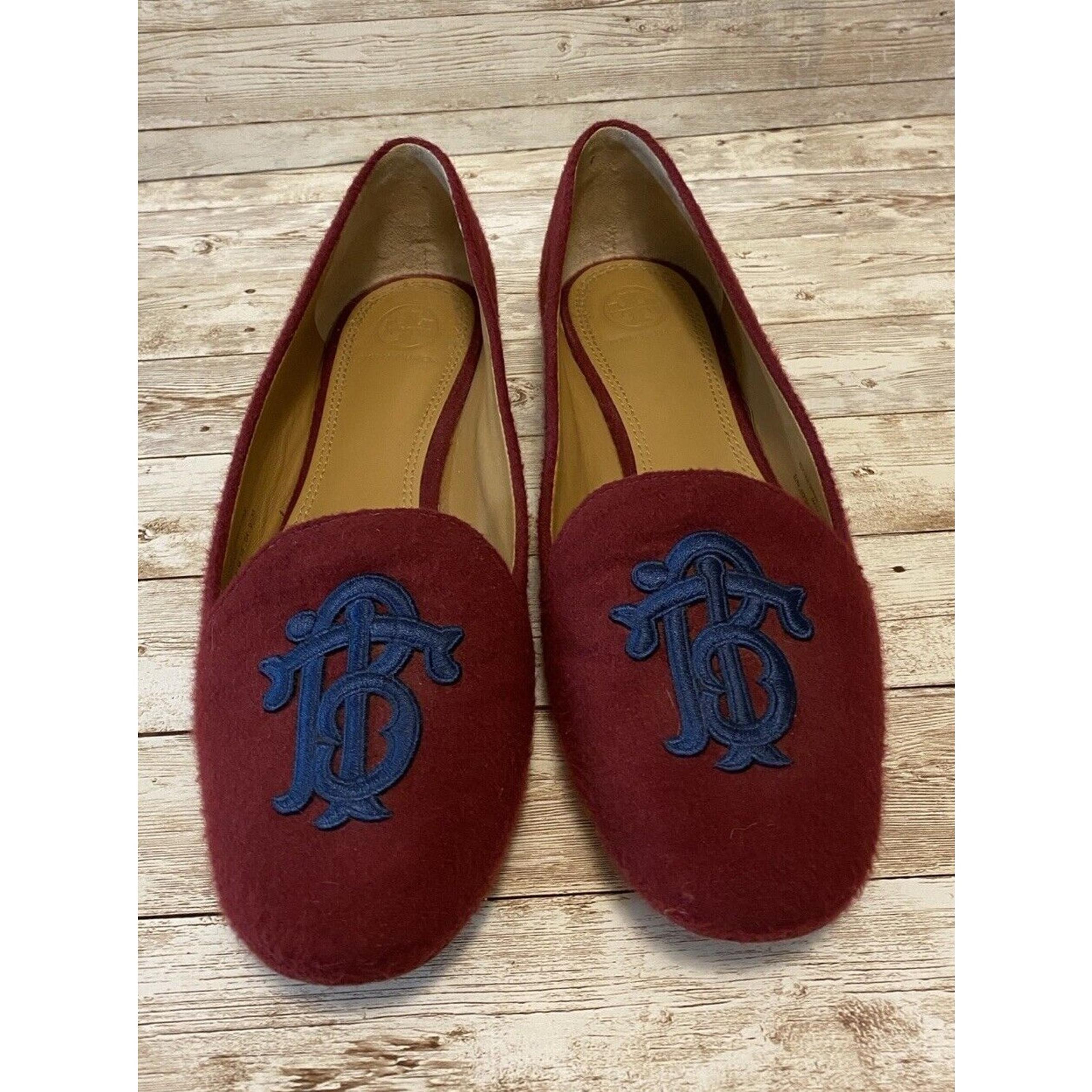 Tory Burch Shoes Womens 9 1/2 Maroon Navy Antonia Loafer Embroidered Monogram