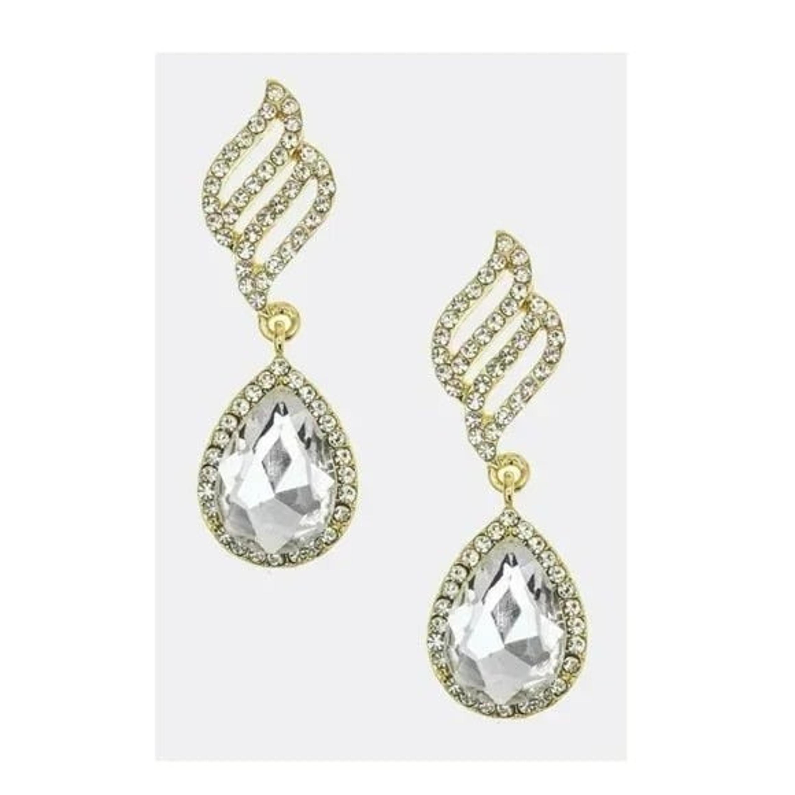 Crystal Gold Wing and Teardrop 2.15" Drop Earrings Woman Bridal Wedding Clear
