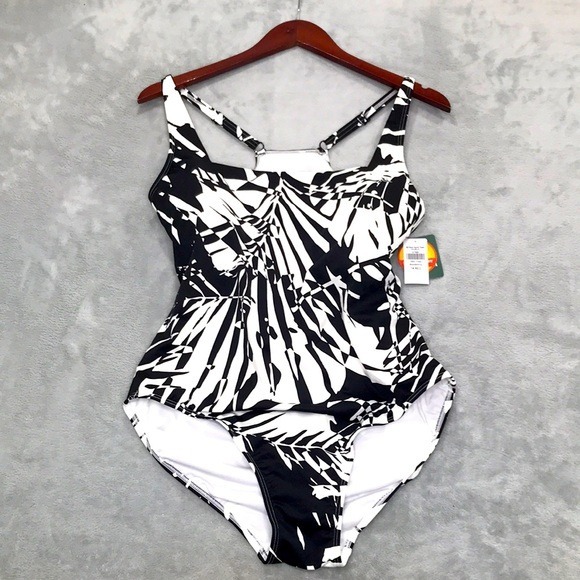 LL Bean Black & White Splatter Sun Smart Swim Suit Size 14 New
