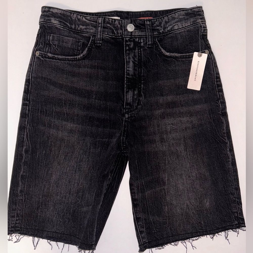 Anthropologie Pilcro women black bermuda hi rise jean shorts raw hem size 26 NWT