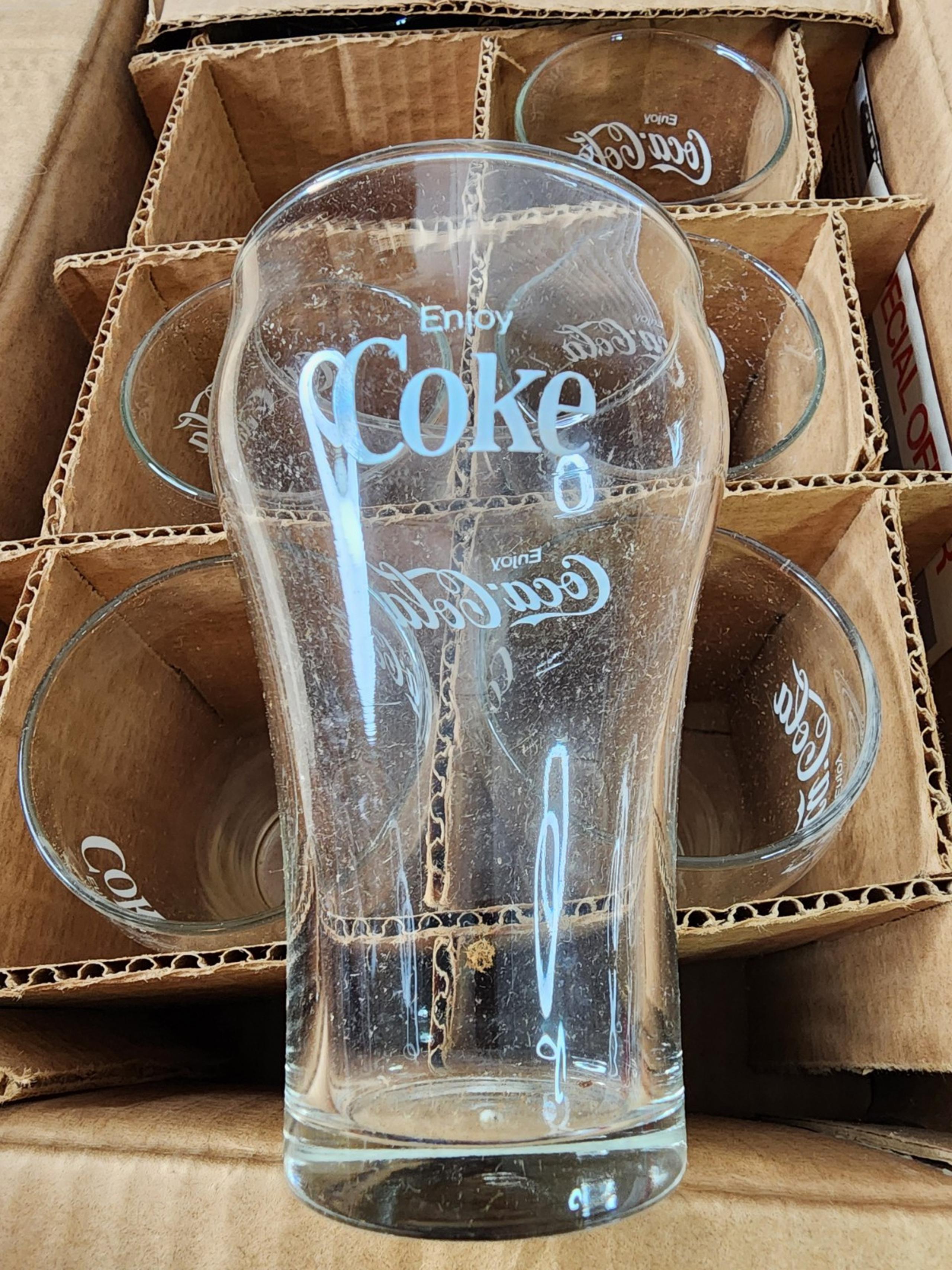 8-New COCA-COLA Clear Drinking Glass 16 oz White Letter Coke Logo Soda Bell Top