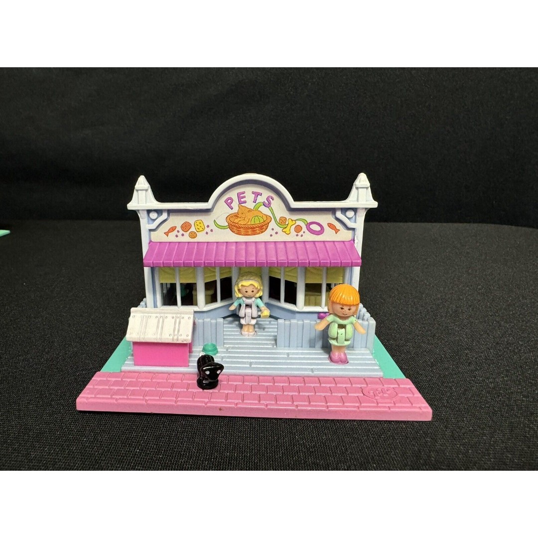 Vtg 1993 BlueBird Polly Pocket PET SHOP Store Pollyville Play Set 2 dolls, 1 cat