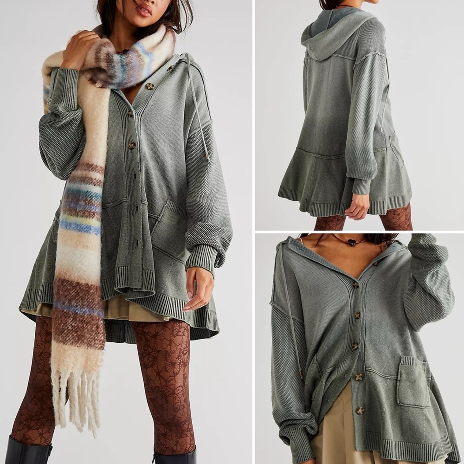 Free People Sombart Mini Dress Knit Button Front Cardigan Sweater in Jade Combo