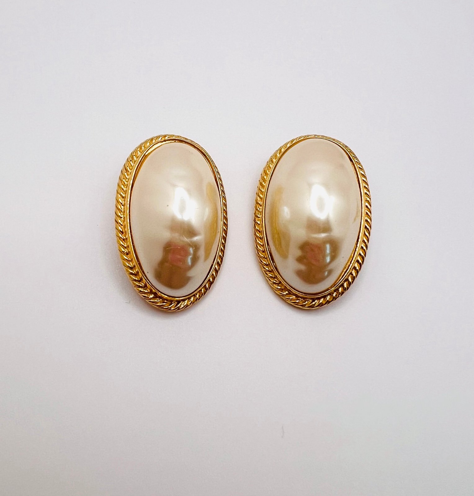 Vintage 1970s Givenchy Baroque Large Glass Pearl Framed Gold Plate Earrings