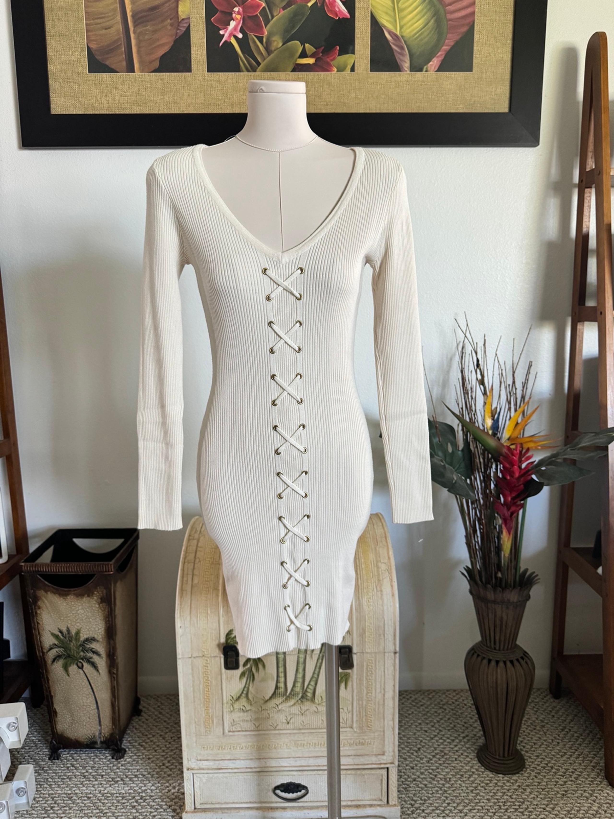 Guess Women's Sweater Cream Ivory Lace Up Dress NWOT Ribbed Knee Length