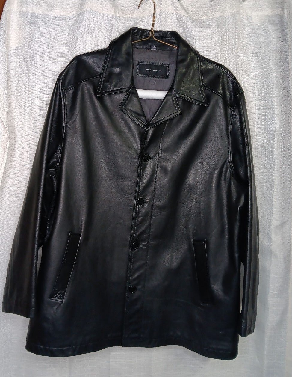 Jim Marylou Leather Coat Men XL Black Button Front Rockstar Hipster Dad**