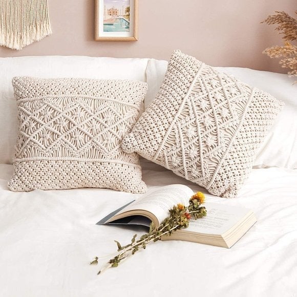 ~ 2 Pcs Cream Macrame Boho Pillow Cover