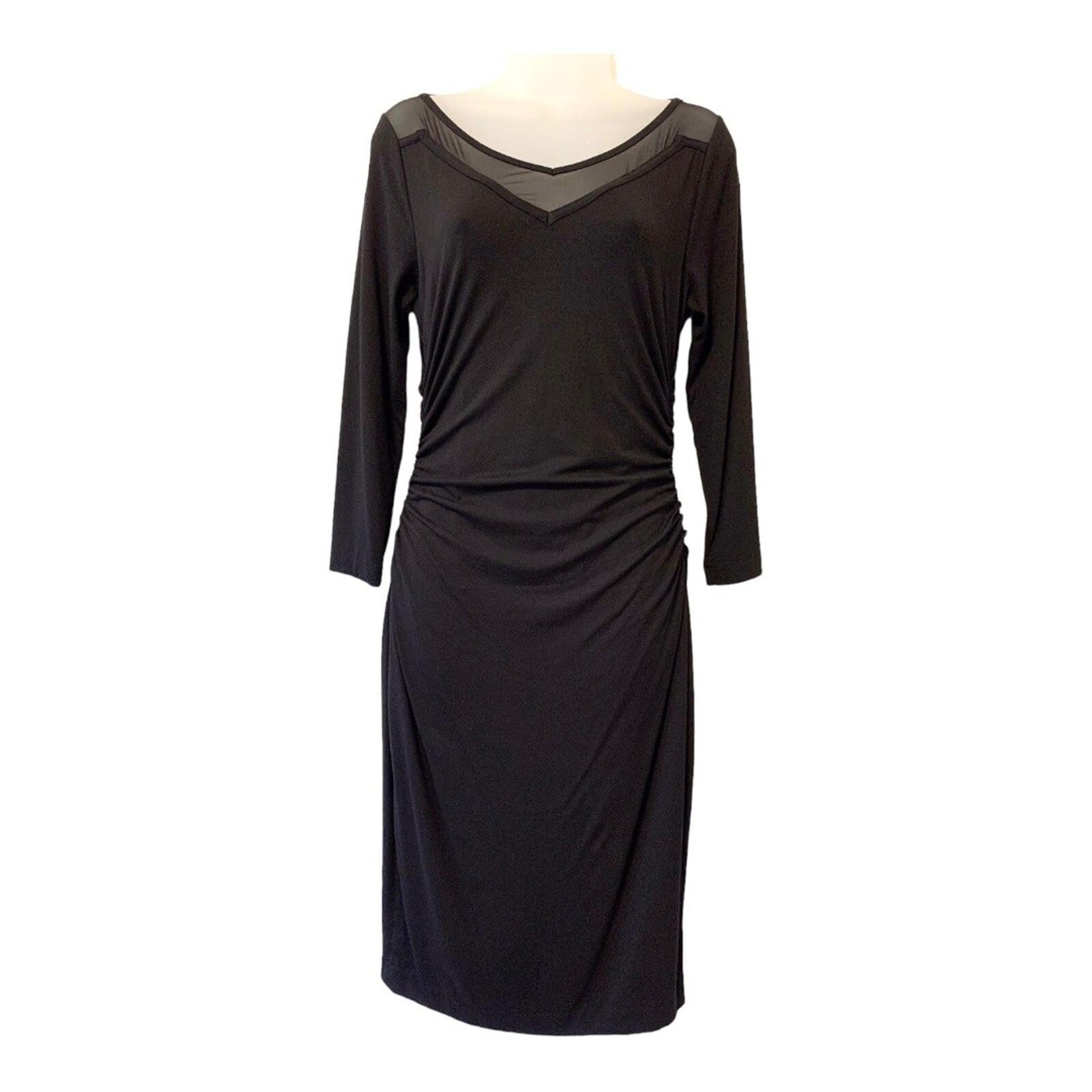 Cache Fitted Dress Womans Small Black 3/4 Sleeves Sheer Collar Stretch Ruched