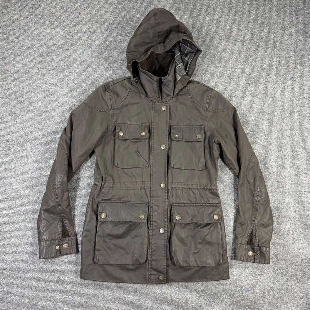 Fat Face Womens Jacket 6 Brown Utility Waxed Plaid Lined Packable Hood Coat