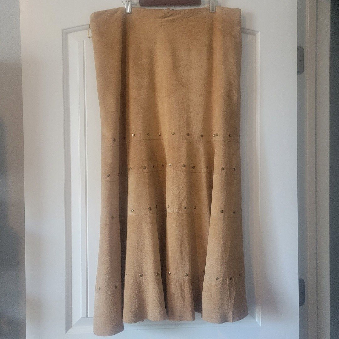 CHICO'S Brown Leather Suede A Line Maxi skirt Size 3 Studded Stretch Waist
