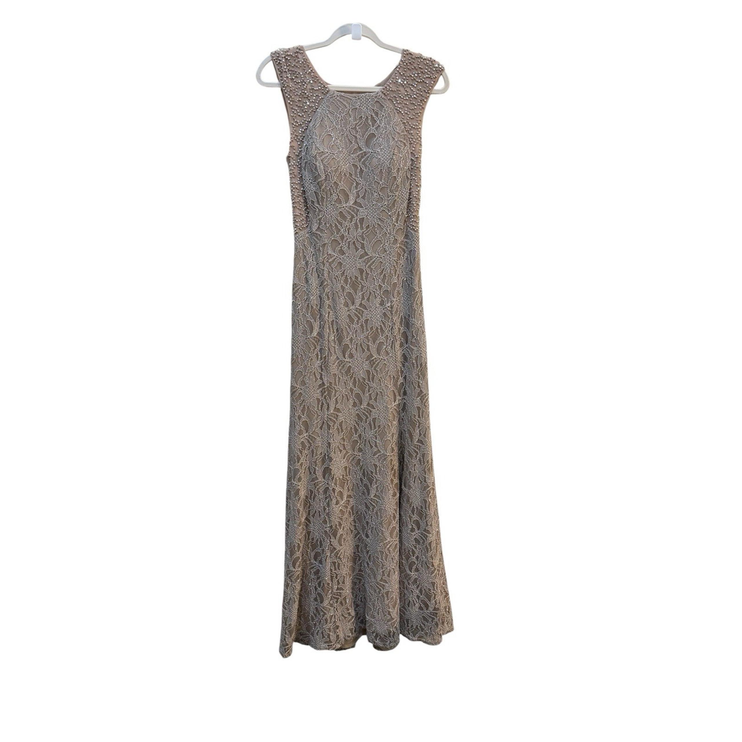 Vintage Cachet Maxi Dress Nude Color Lace Beaded Size 6 Y2K