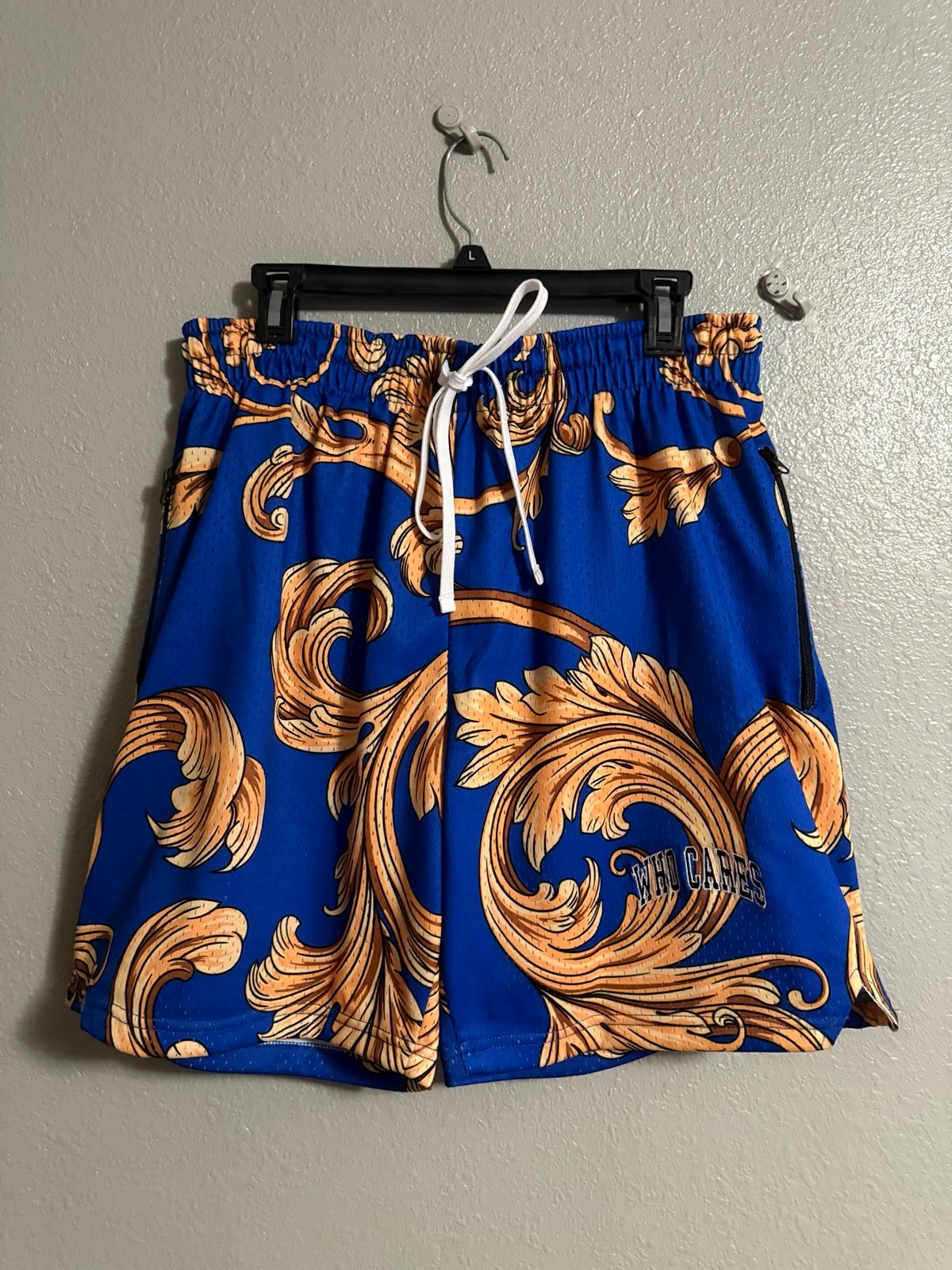WHO CARES LARGE BLUE/GOLD PAISLEY PRINT
