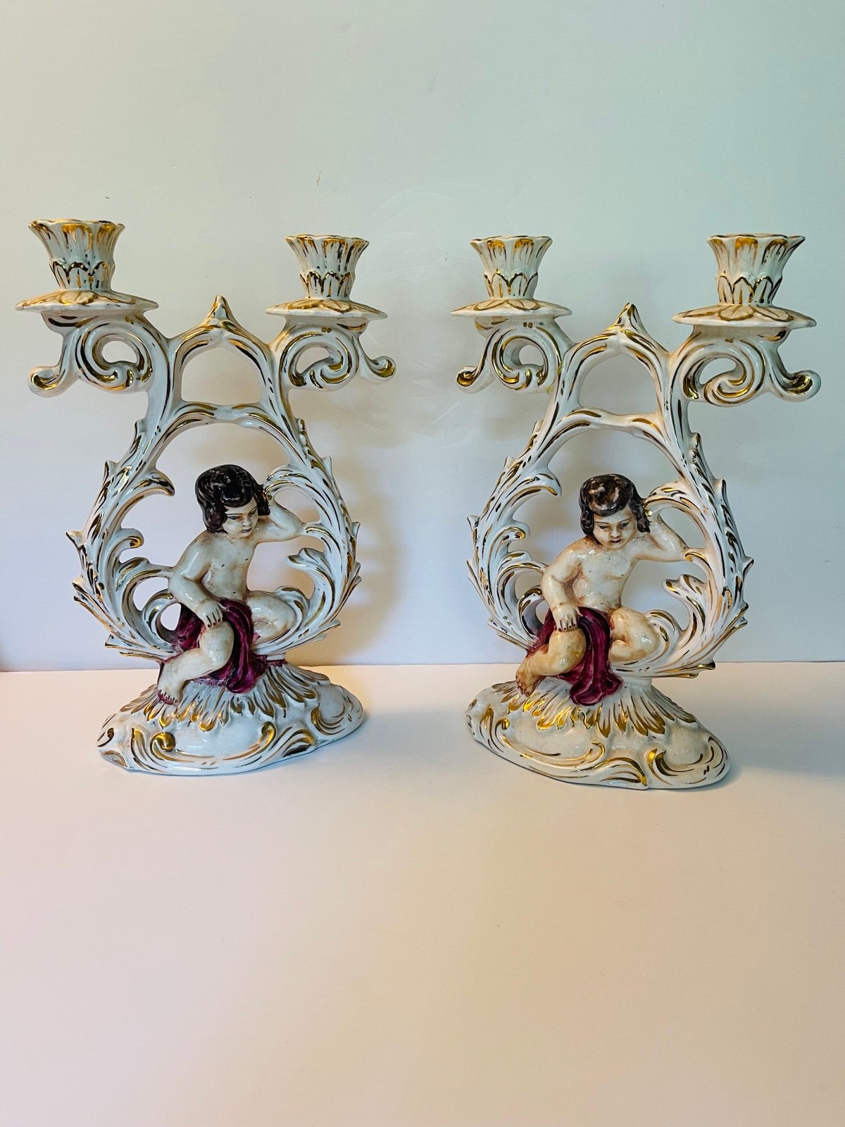 Vintage Pair Capodimonte Italian Porcelain Cherub Candelabra