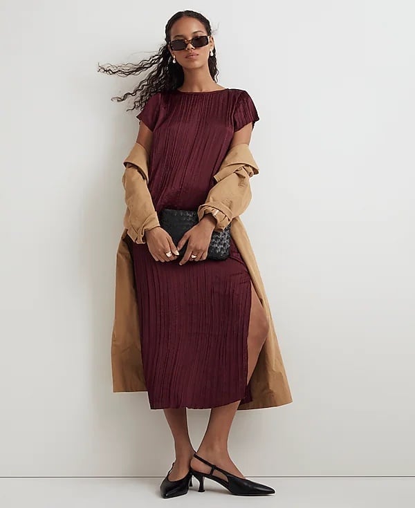 Madewell Short-Sleeve Slip Midi Dress in Plissé In Mulberry Wine Size S NWT