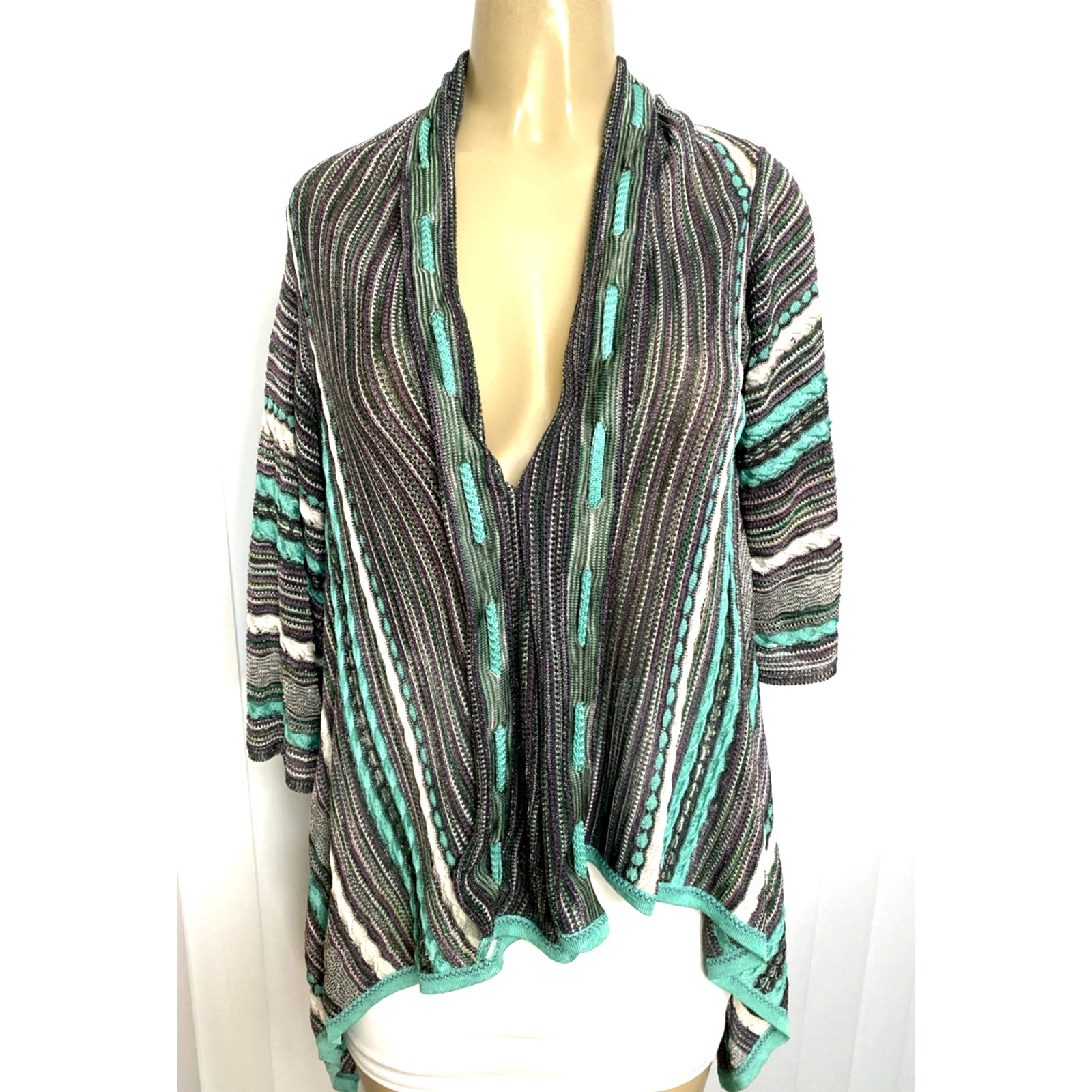 M Missoni Cardigan Sweater Open Draped Metallic Aqua Blue Scarf Striped Gray 6