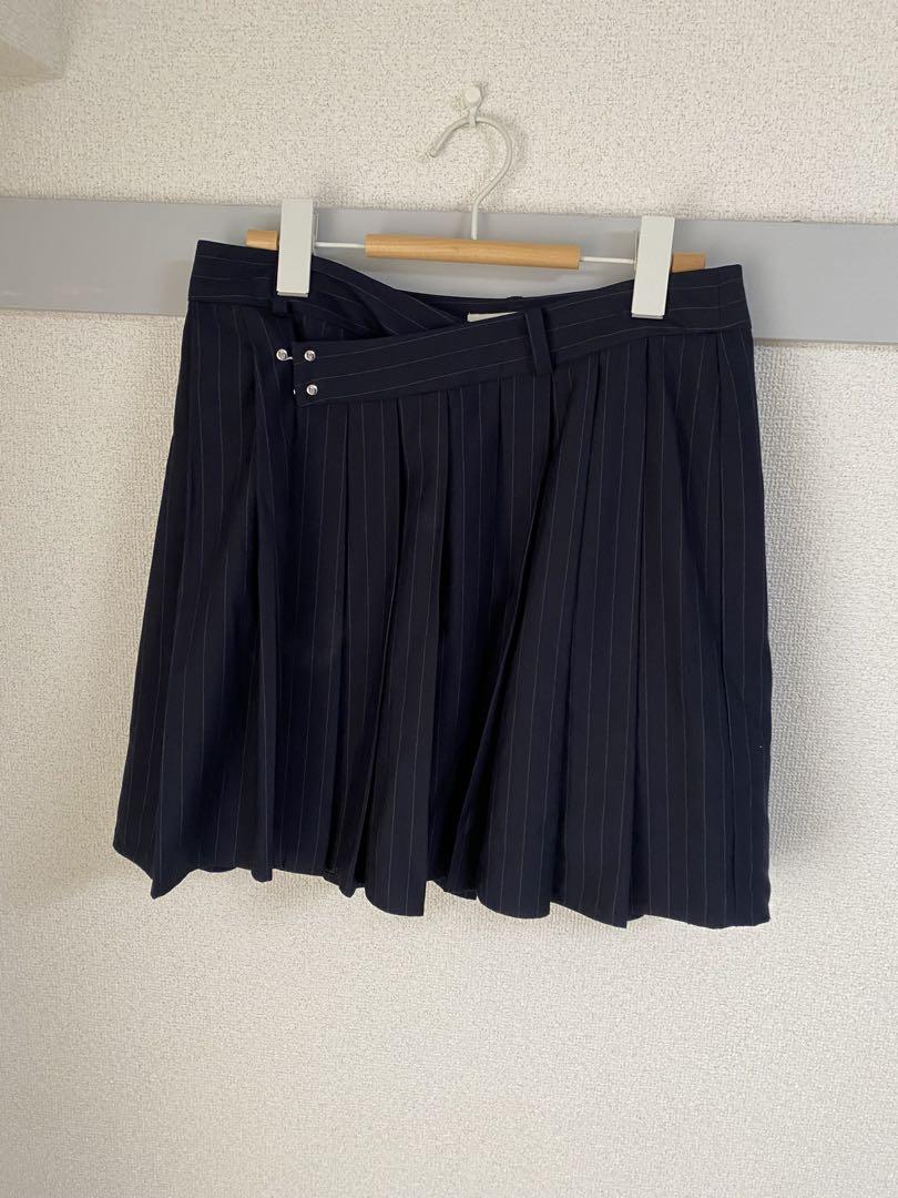 Ray BEAMS Striped Pleated Mini Skirt Navy