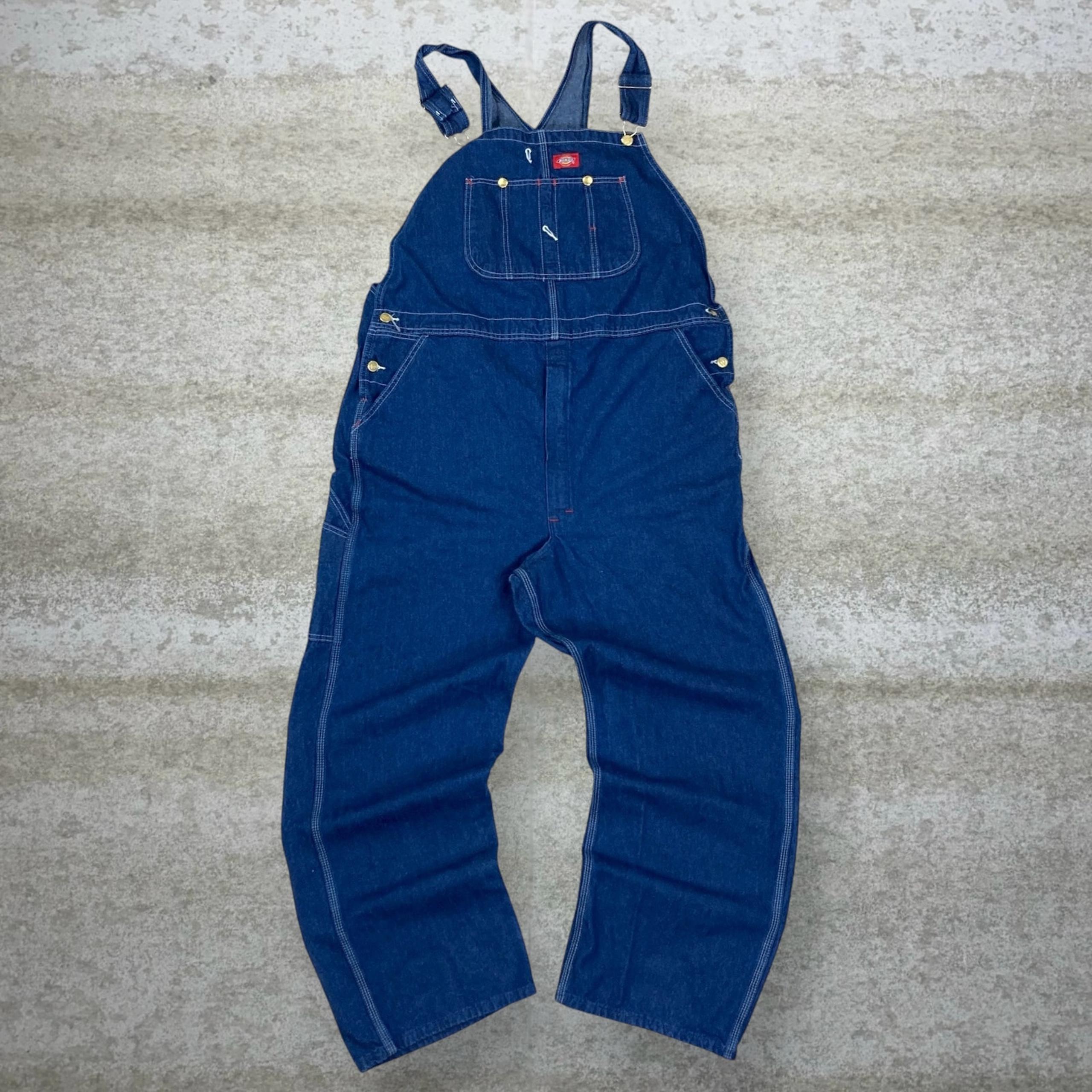 Vintage Dickies Carpenter Overalls Baggy Wide Leg Fit Dark Wash Denim 90s