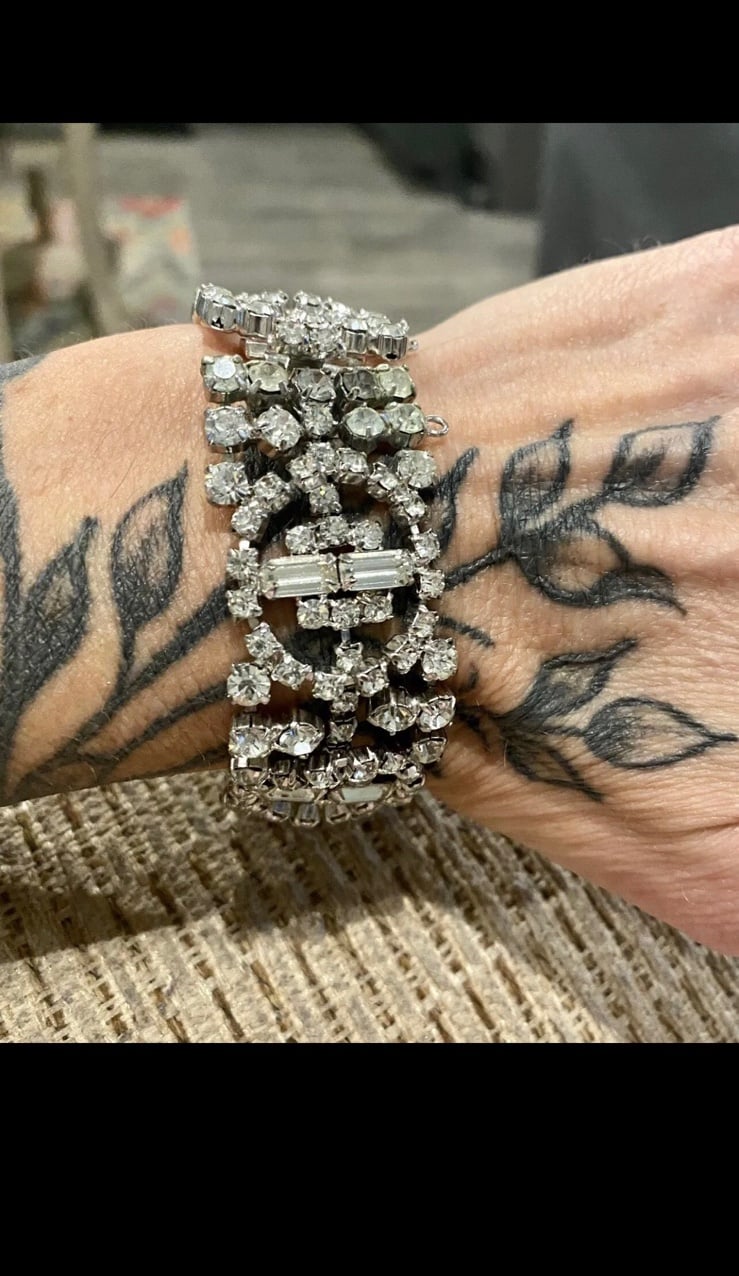 Vintage✨Art Deco✨Silver Tone Clear Paste Rhinestone Fancy Link Bracelet~6.5”