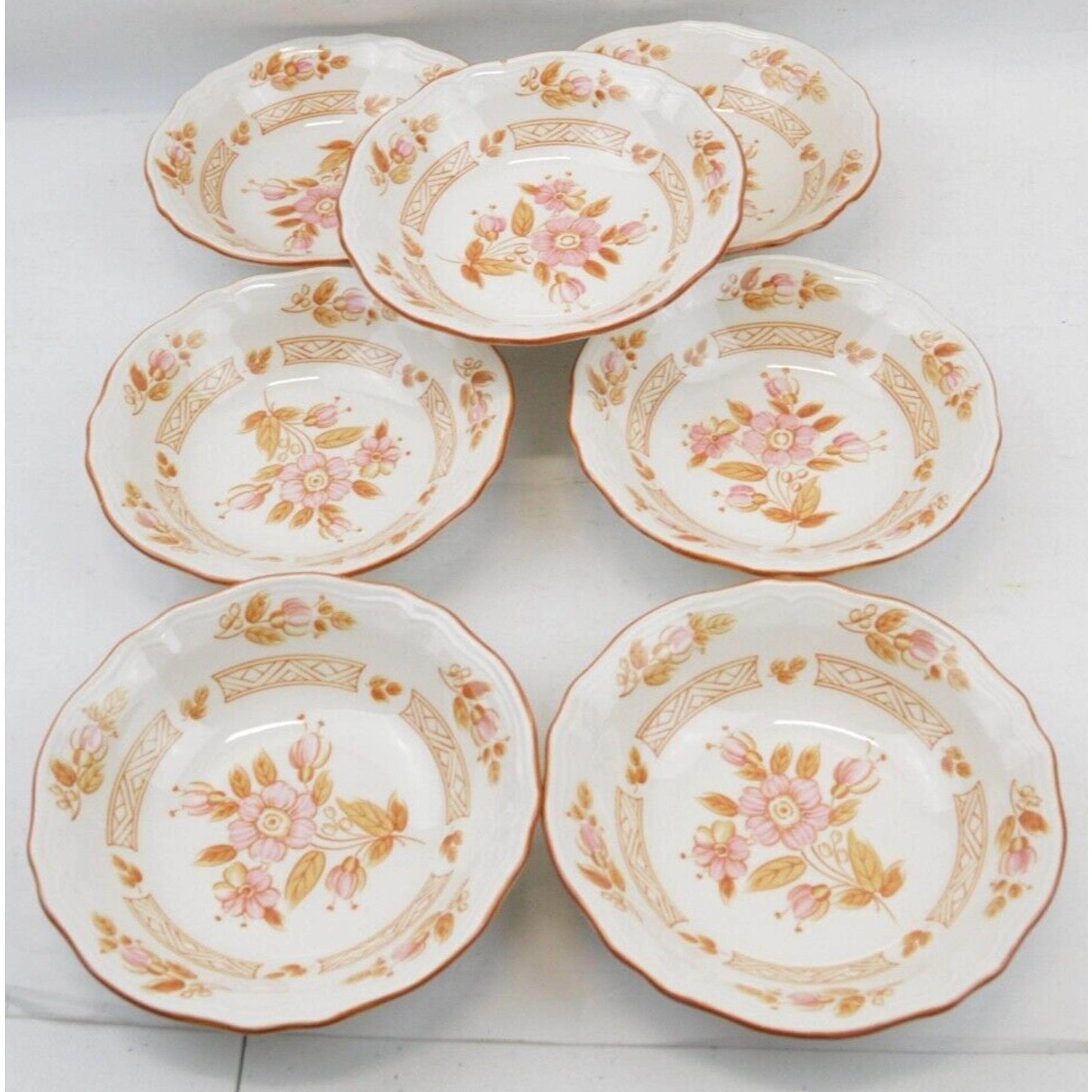 6x Soup Cereal Bowl Wicker Rose IRONSTONE Japan 4243 2-8 Tan Leaves Pink Flowers