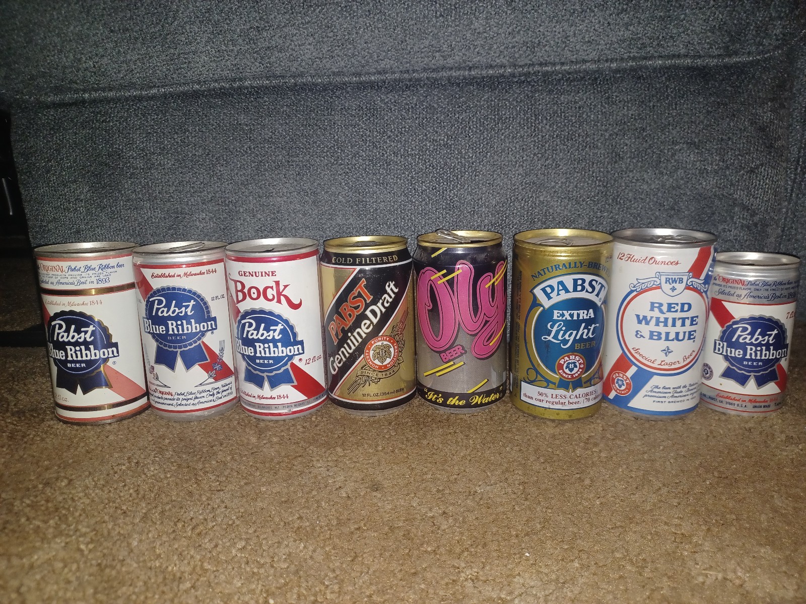8 Pabst Blue Ribbon Beer Cans Genuine Bock Oly Red White & Blue RWB Genuine Draf