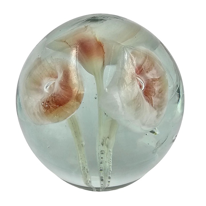 Handblown Art Glass Round Paperweight Lily Flower 22.5 oz white orange mushroom