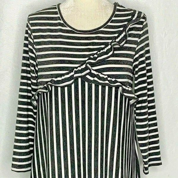 Emberley Striped Midi Dress M Black White A Line Long Sleeve Ruffles Jersey Knit
