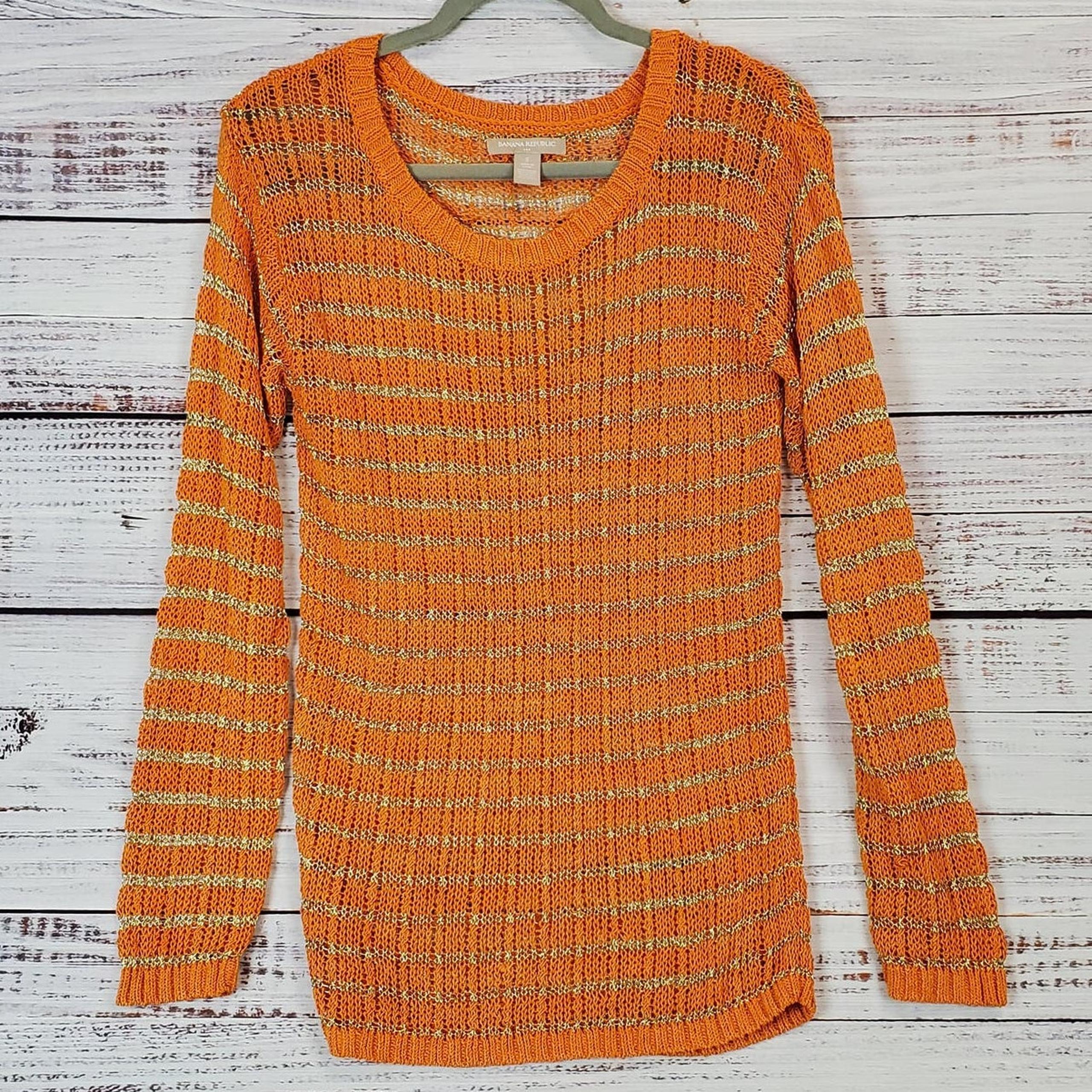Banana Republic Tunic Crochet Knit Sweater Orange with Gold Metallic Stripes S