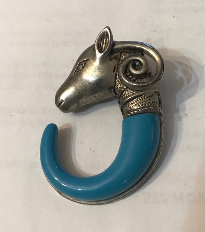 RARE Unique Vintage Ram Capricorn Head Silver and Turquoise