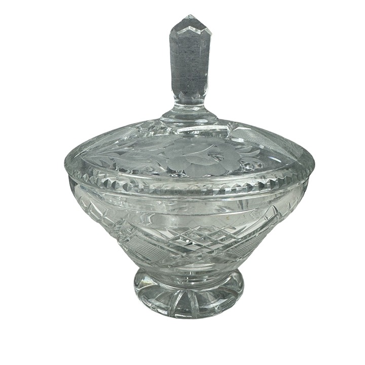 Vintage Cut Crystal Glass Candy Dish with Lid Floral Design 7.5 inches Tall Coll