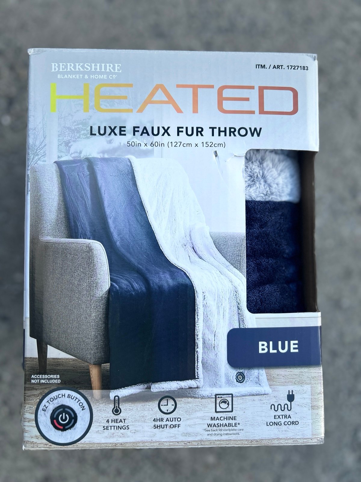 Berkshire Life Heated Throw, 50”x60” Luxe Faux Fur Reverse to Velvet Plush, Blue