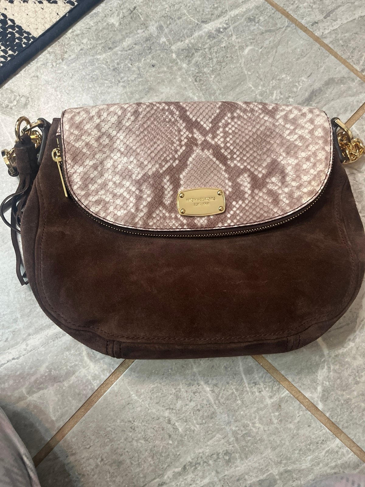 MICHAEL KORS Bedford Embossed Python Brown Suede Shoulder Handbag