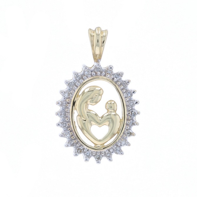 Yellow Gold Diamond Mother & Child Pendant - 10k Single .20ctw Family Love B4105
