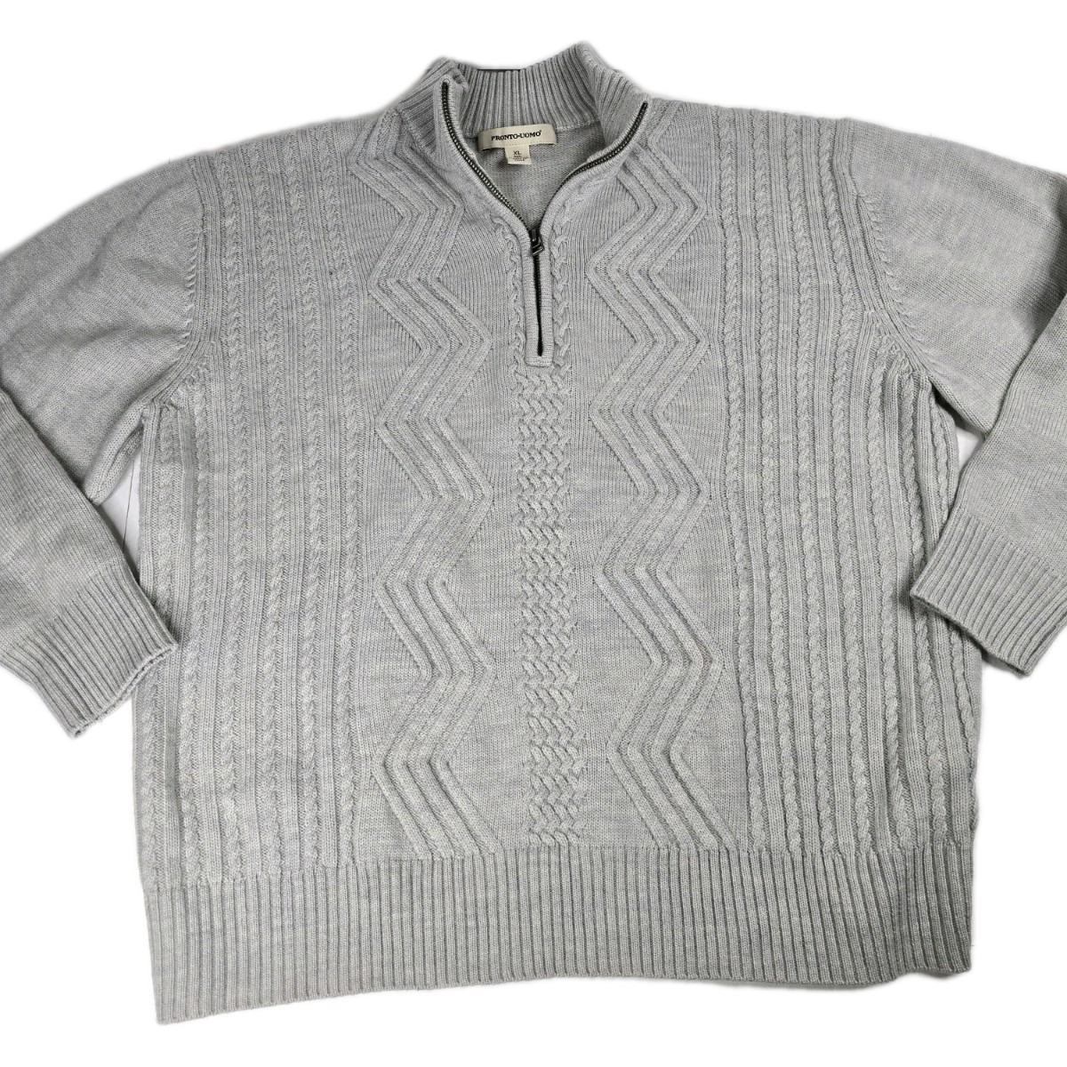 Pronto-Uomo Men XL Sweater Cardigan Zip-Up Gray Cable Knit Wool Merino Fisherman