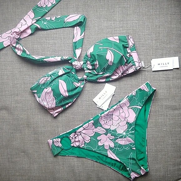 Milly Cabana Luxury Pink and Green Floral Halter Bikini Resort Cheeky Large NWT