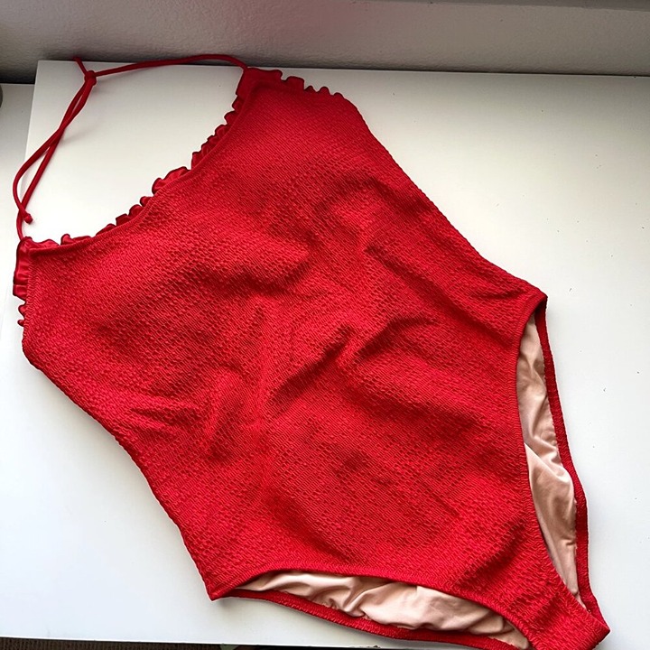 J Crew Swimsuit Plus Size 18 One Piece Red Smocked Tie-Shoulder Swim 138 NEW