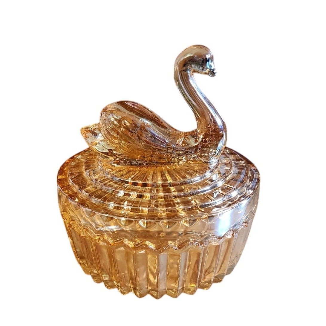 Vintage Jeannete Glass Iridescent Marigold Swan Powder Dish W/ Lipstick Holder