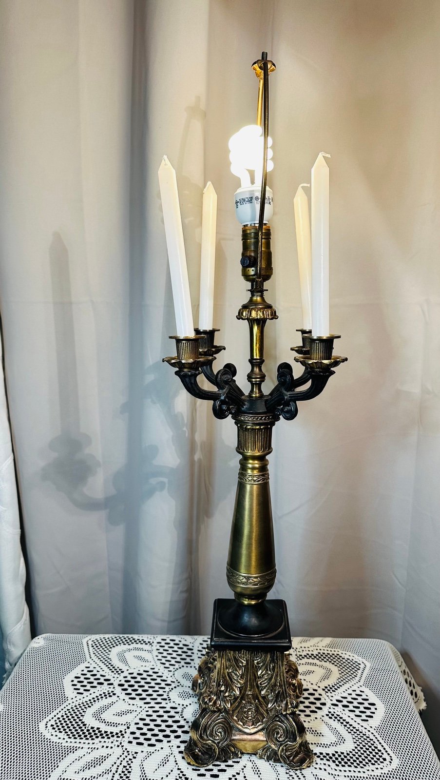 Vintage Leviton Brass Ornate, Cast Iron and Bronze Gilded Base Candelabra Lamp