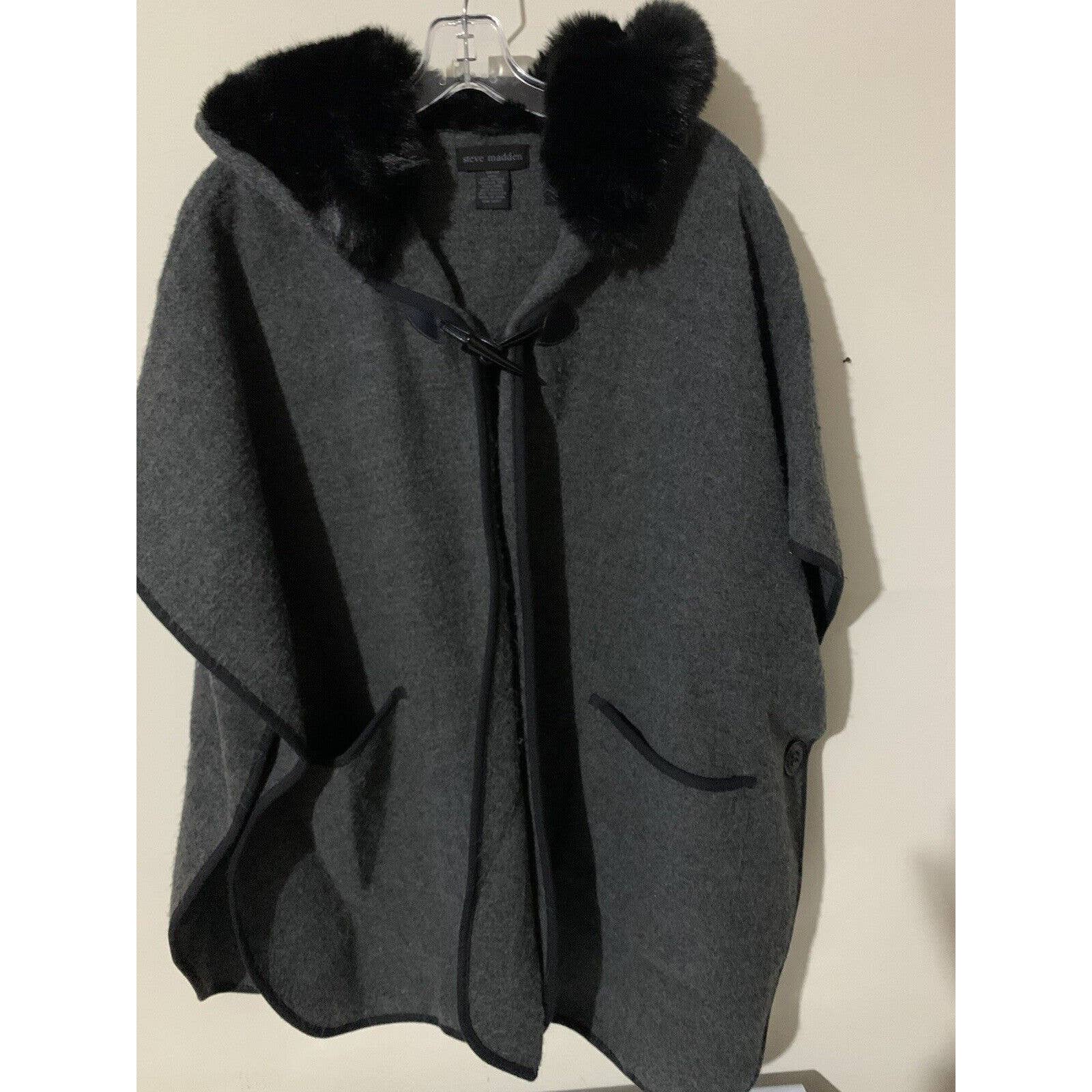 Steve Madden Undercover Faux-Fur Hooded Poncho BLACK/GRAY One Size Fits All