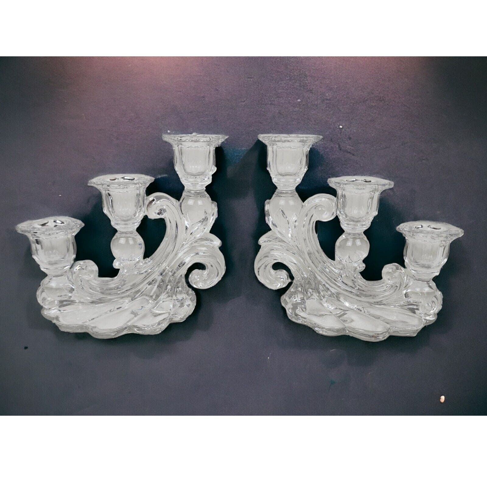 Vintage Pair Cambridge Glass Caprice Triple Candelabras Clear Candle Holders